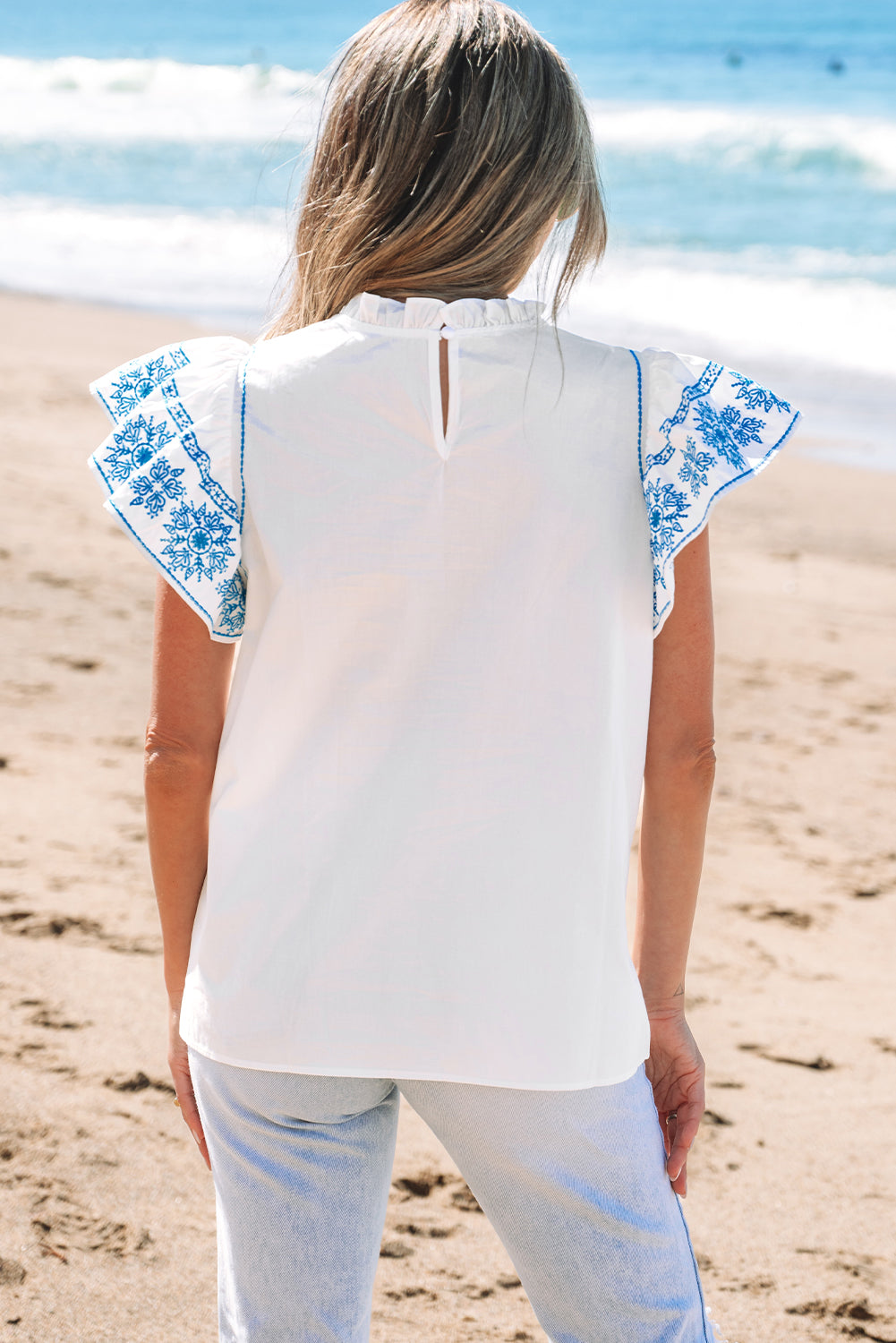Sidi Bou Said Serenade | Embroidered Ruffled Sleeve Blouse