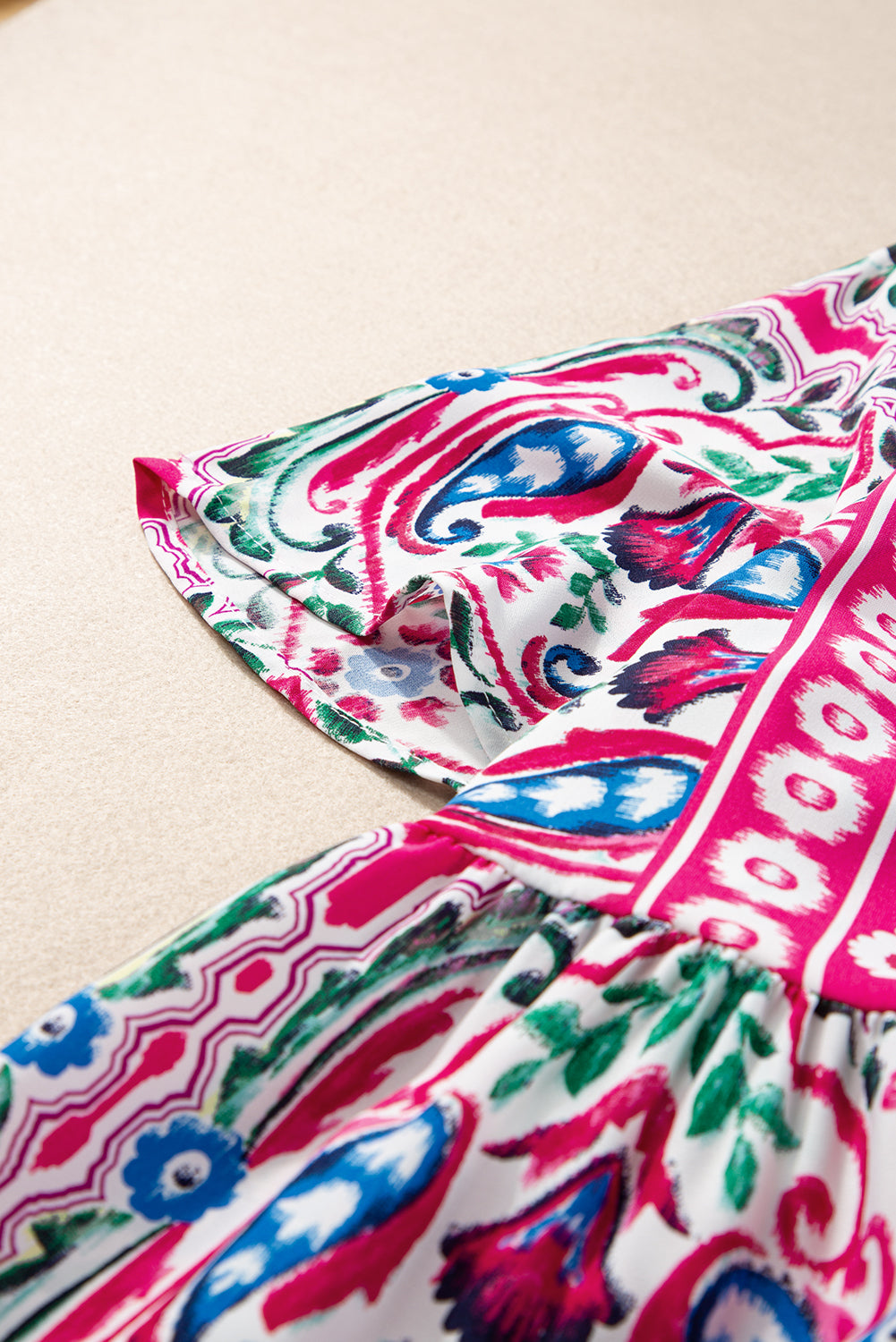 Mosul Mosaic: Sky Blue Bohemian Print Tie Neck Ruffle Hem Dress