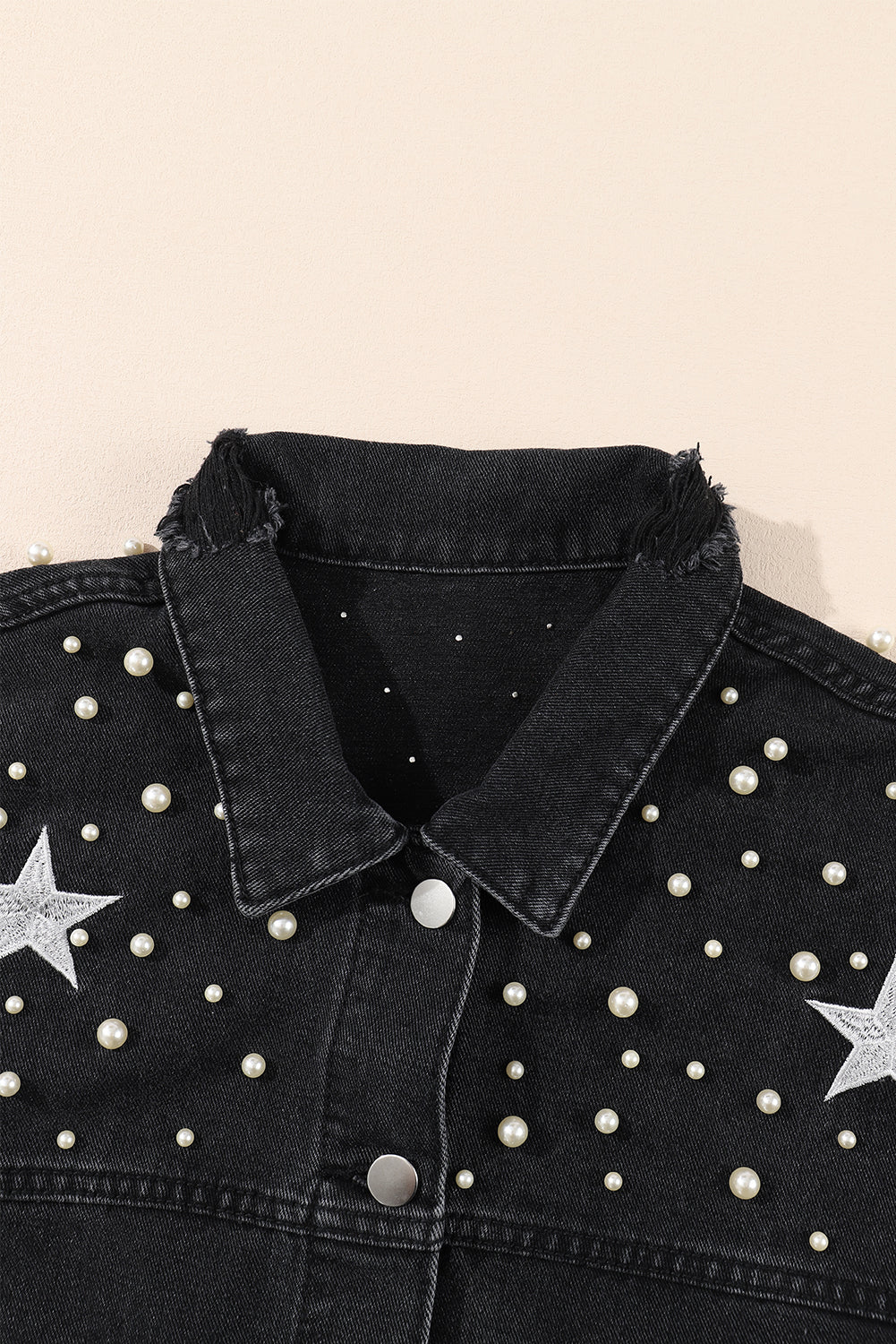 Damascus Sky Distressed Pearls Star Cropped Denim Jacket