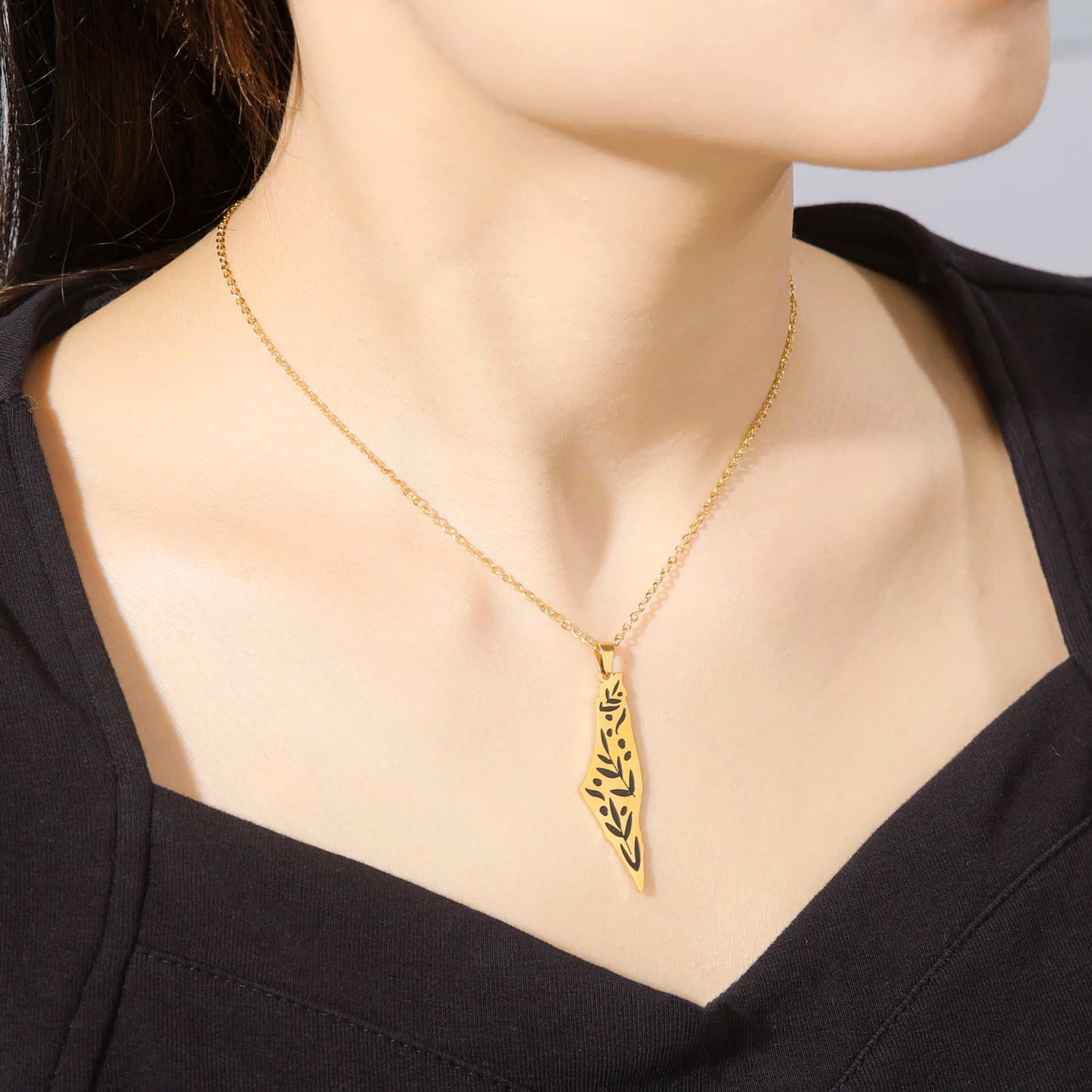 Olive Branch Harmony: Stainless Steel Palestine Map Pendant Necklace