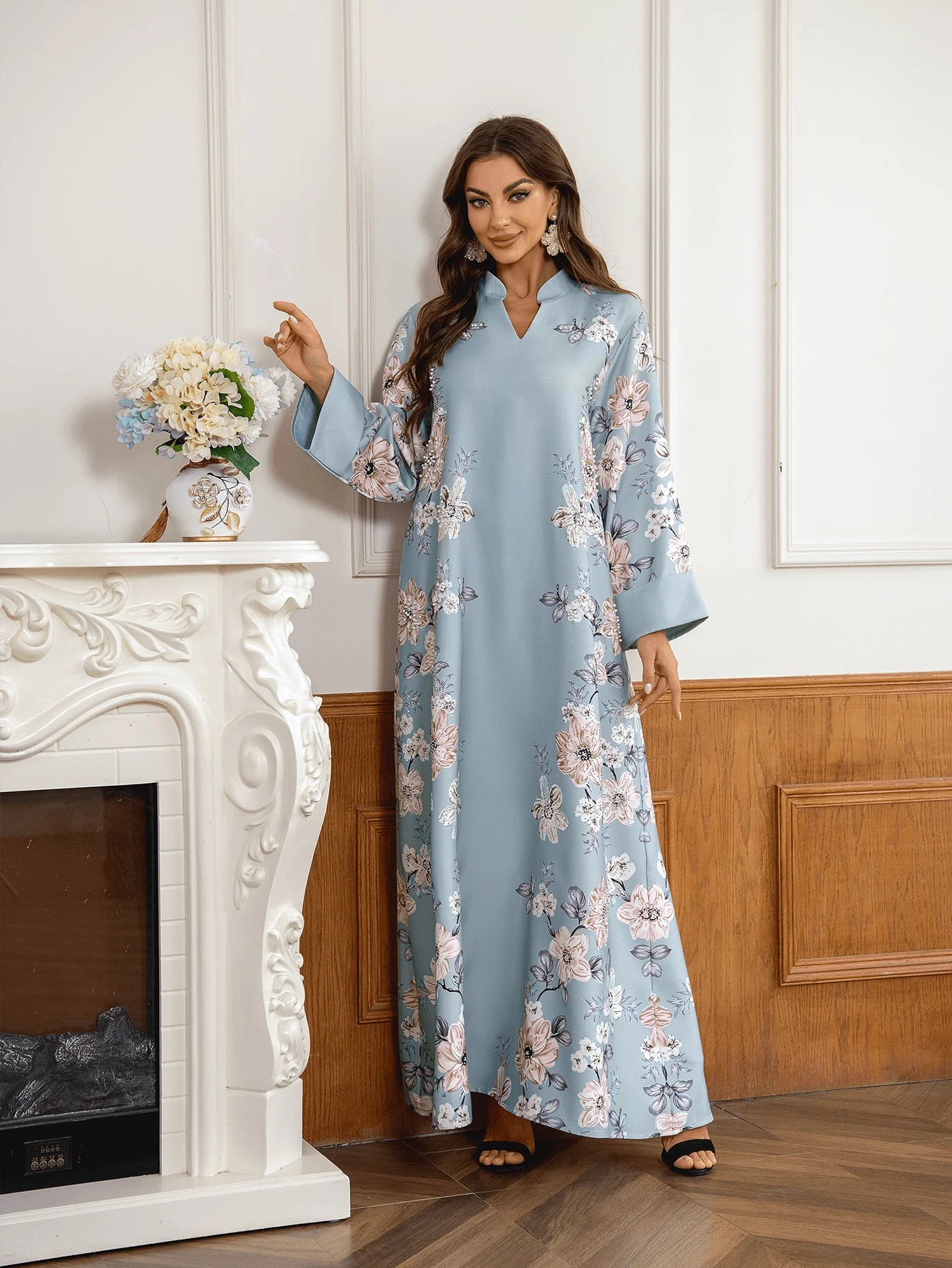 Floral Beaded Chiffon Abaya – Saudi-Inspired Long Robe Dress
