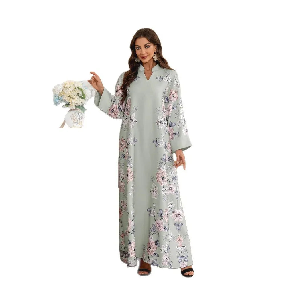 Floral Beaded Chiffon Abaya – Saudi-Inspired Long Robe Dress