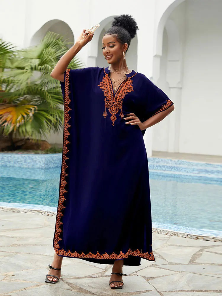 embroidered kaftan dress Modest Off-White Kaftan Dress with Premium Gold Embellishments 2XL / 58 / Matching Embroidered Scarf (24 X 71 Inches)