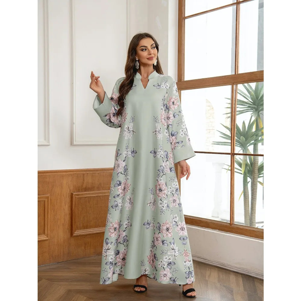 Floral Beaded Chiffon Abaya – Saudi-Inspired Long Robe Dress