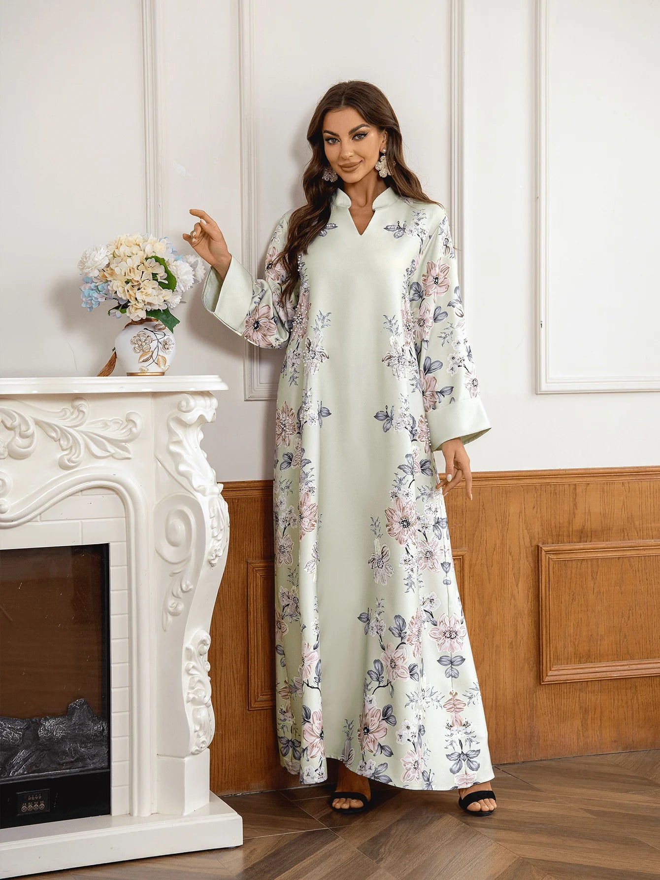 Floral Beaded Chiffon Abaya – Saudi-Inspired Long Robe Dress