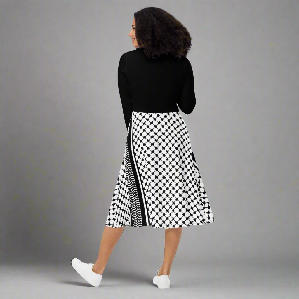 Palestinian Keffiyeh Print Long Sleeve Midi Dress