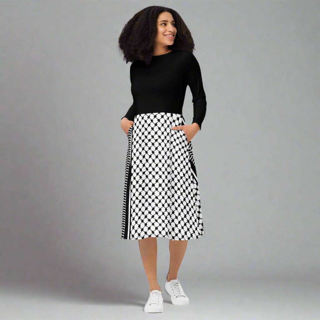 Palestinian Keffiyeh Print Long Sleeve Midi Dress