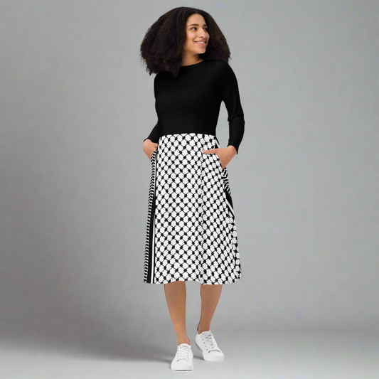 Palestinian Keffiyeh Print Long Sleeve Midi Dress