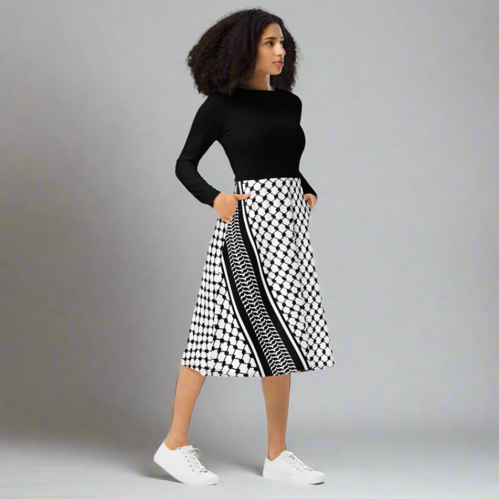 Palestinian Keffiyeh Print Long Sleeve Midi Dress