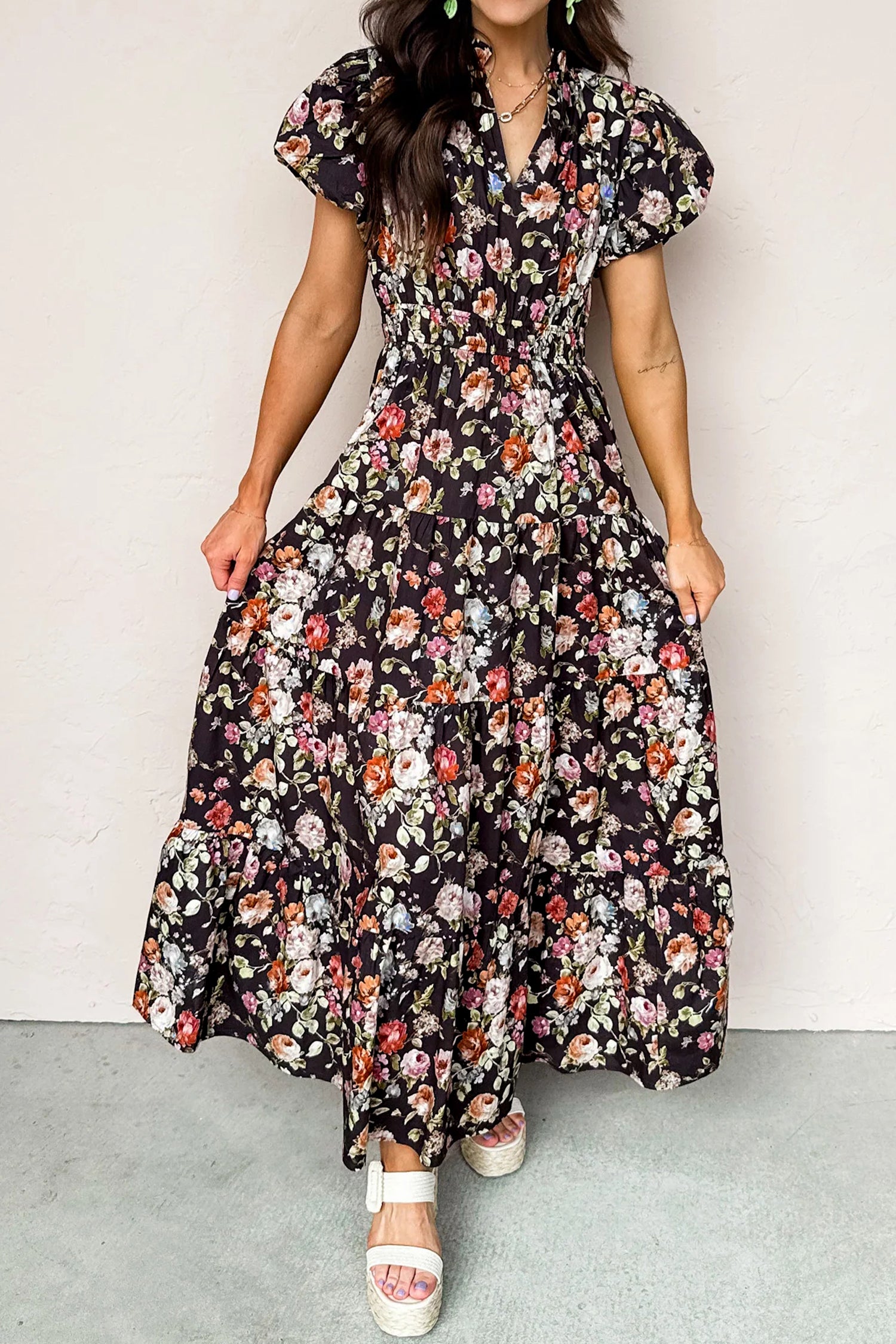 rare feelings black floral print tiered pleated maxi dress Free People Rare Feelings - Black Floral Maxi Dress - Tiered Maxi