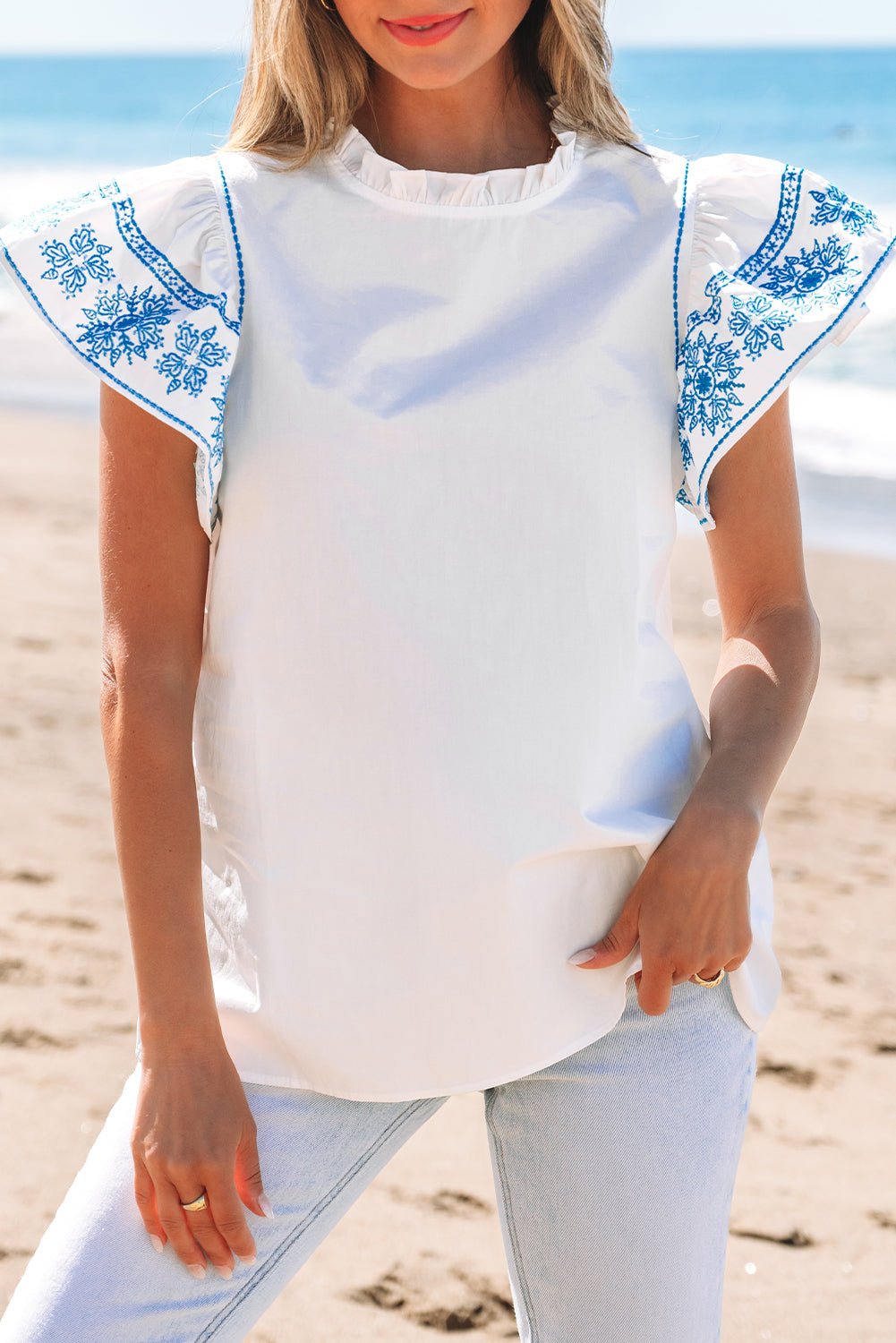 Sidi Bou Said Serenade | Embroidered Ruffled Sleeve Blouse