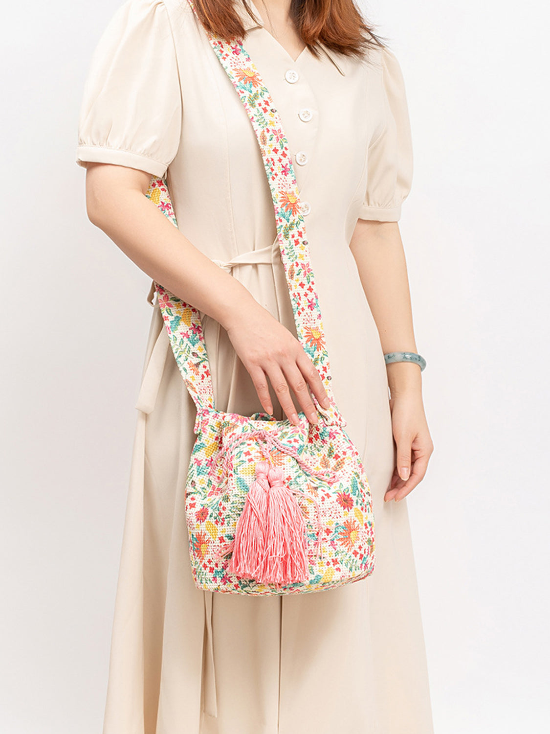 Tal Husban Blooms | Drawstring Tassel Geometric Shoulder Bag