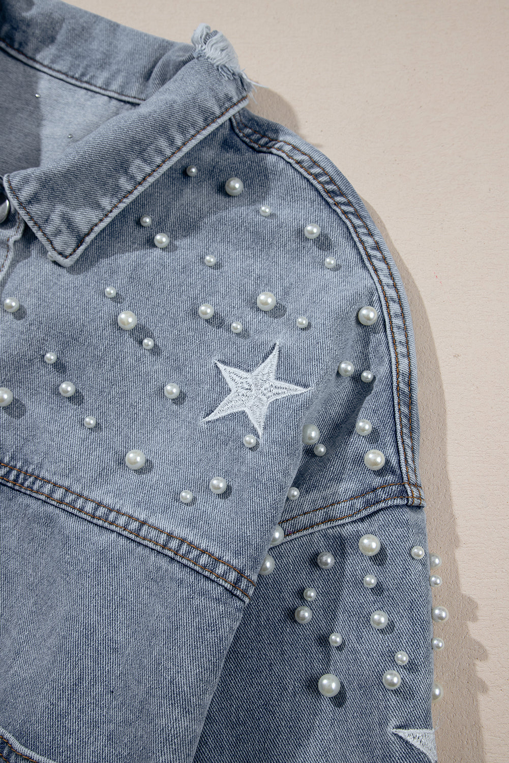 Damascus Sky Distressed Pearls Star Cropped Denim Jacket