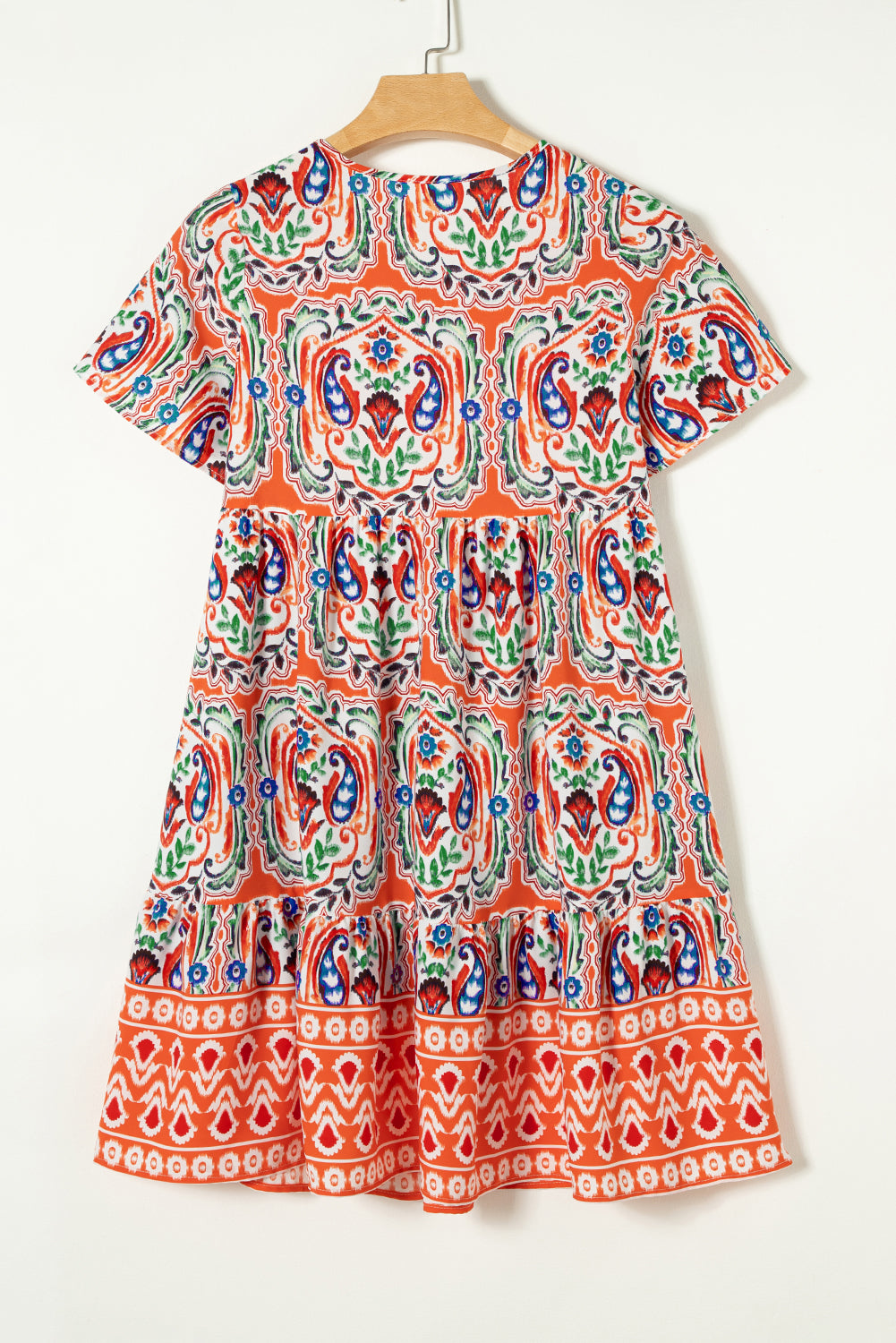 Saffron Breeze: Paisley Accent Tie Neck Ruffle Hem Short Dress