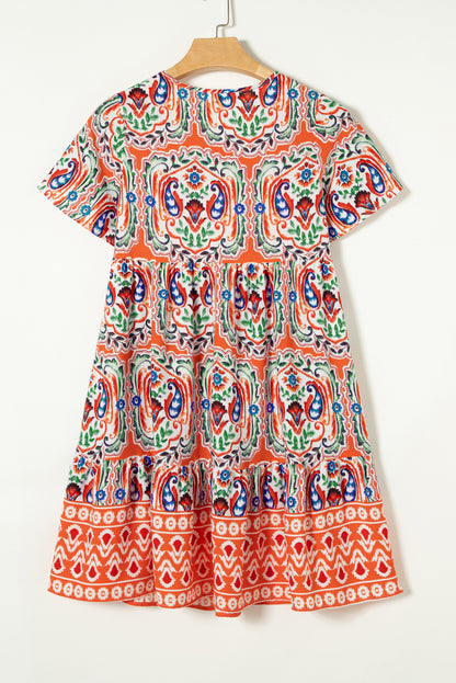 Saffron Breeze: Paisley Accent Tie Neck Ruffle Hem Short Dress