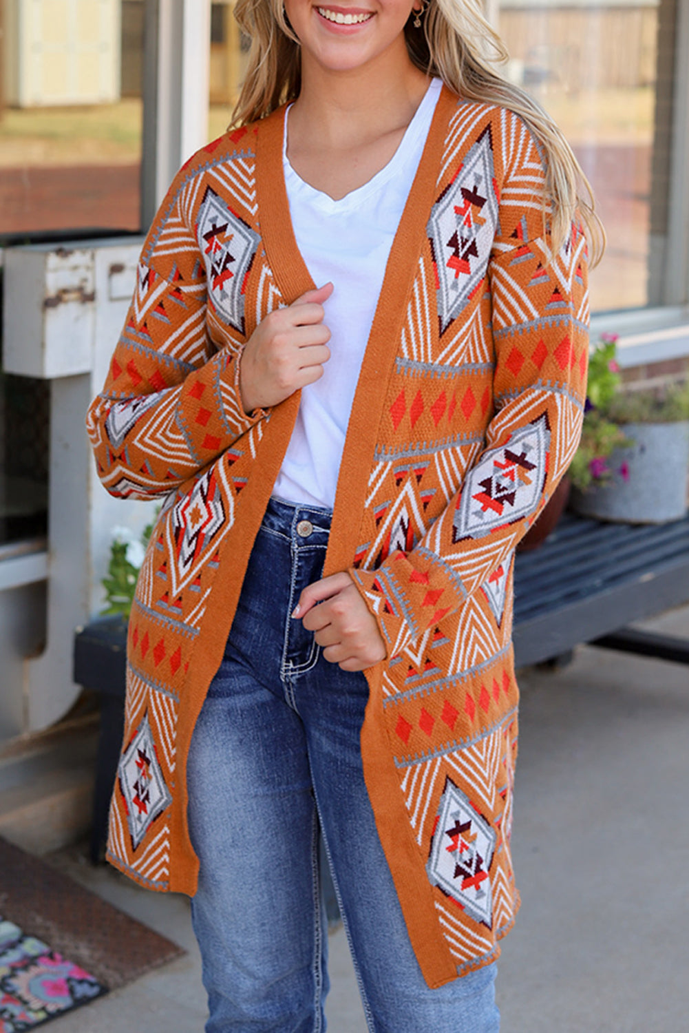 Siq Al-Barid Aztec Geometric Knit Open Front Cardigan