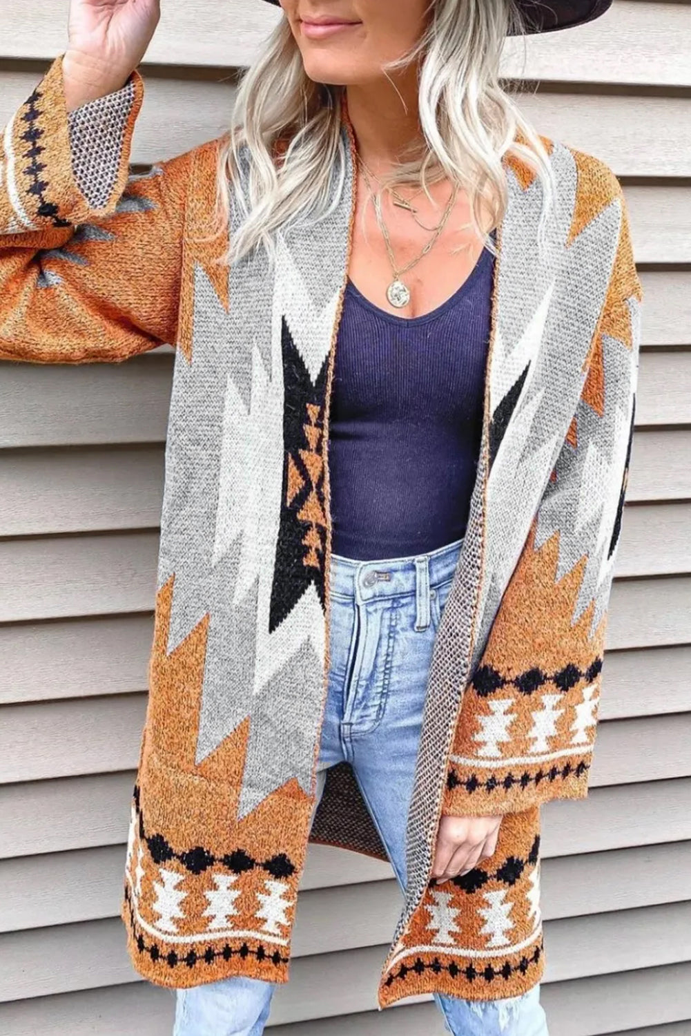 Golden Citadel Geometric Open-Front Cardigan