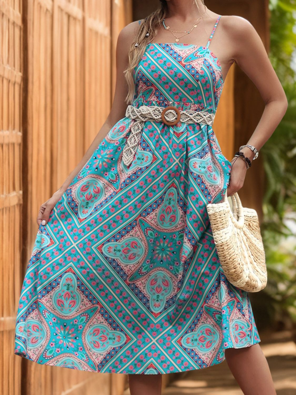 Andalusian Hills Printed Midi Dress - Spaghetti Strap Elegance