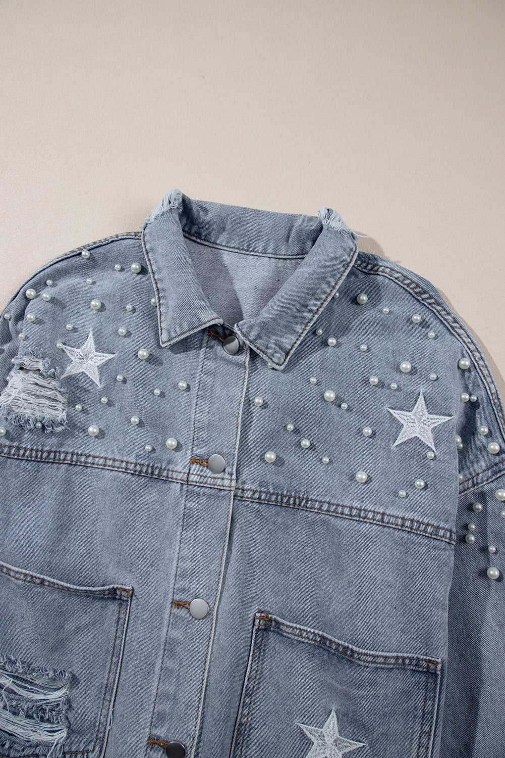 Damascus Sky Distressed Pearls Star Cropped Denim Jacket