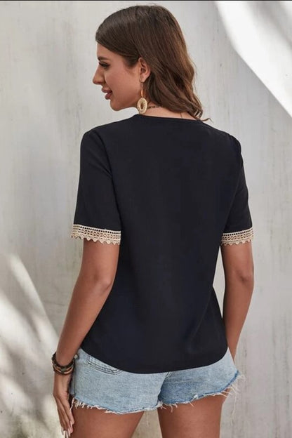 Casablanca Lace Elegance: V-Neck Short Sleeve Blouse