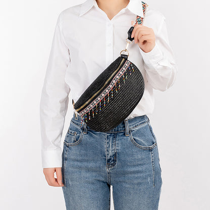 Aqaba Adorn - Bead Trim Straw Weave Crossbody Bag