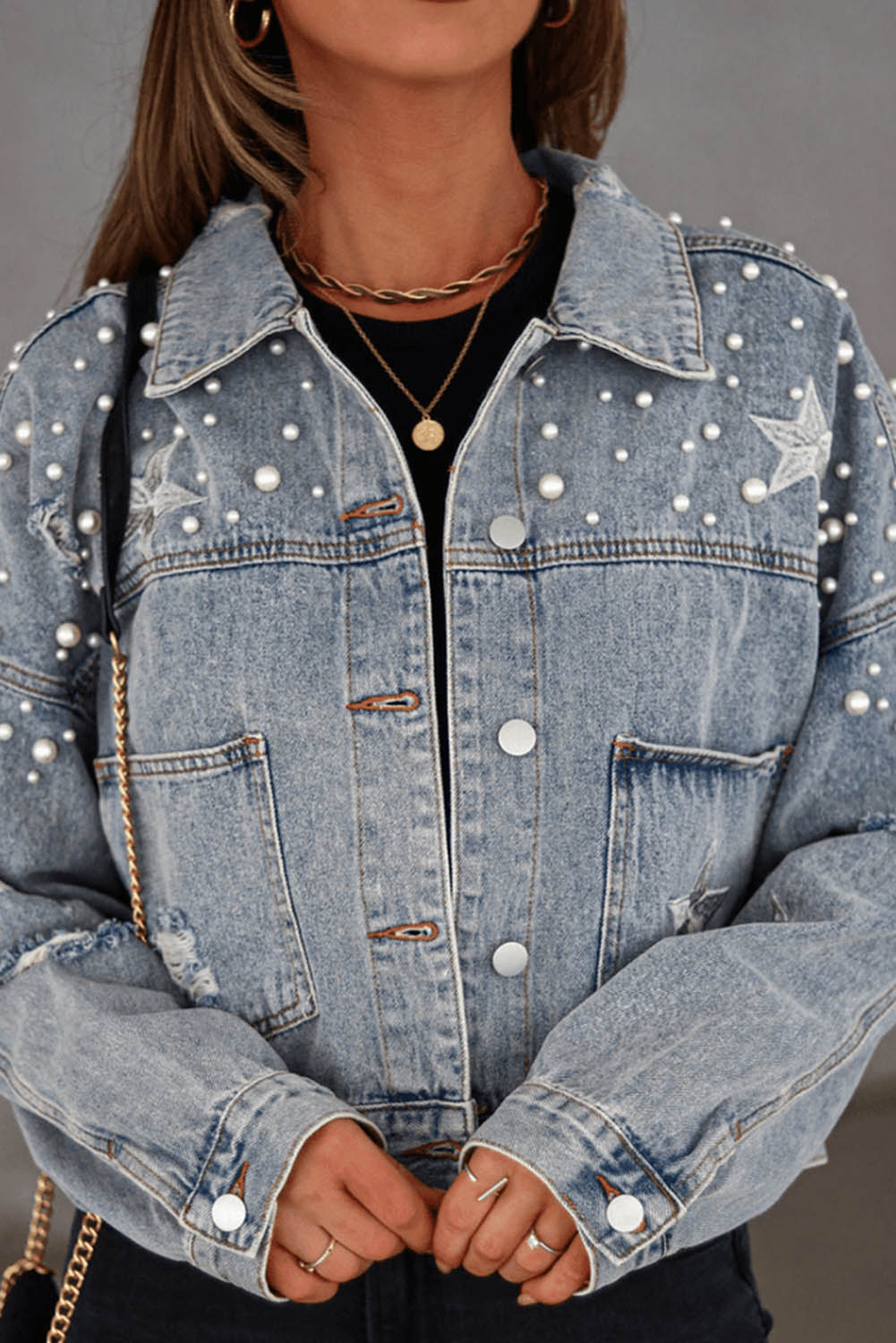 Damascus Sky Distressed Pearls Star Cropped Denim Jacket