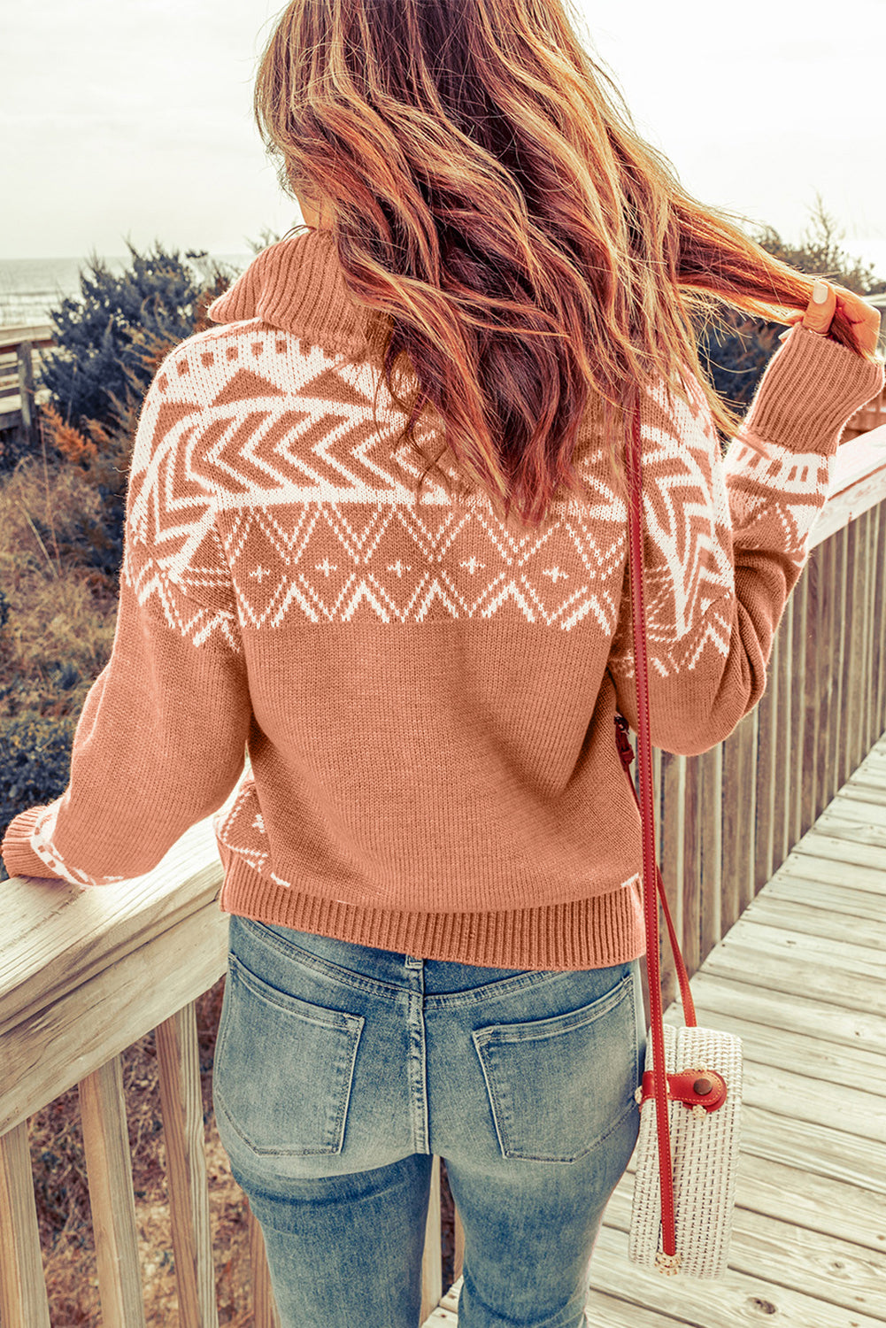 Rose Desert Geometry Quarter Zip Sweater