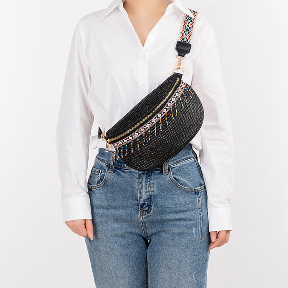 Aqaba Adorn - Bead Trim Straw Weave Crossbody Bag