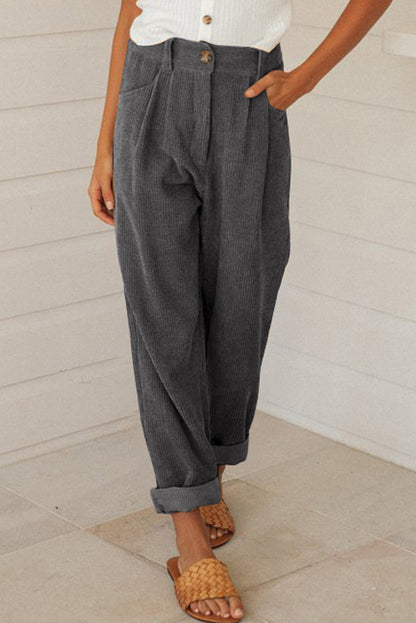 Abdali Aura - Gray Corduroy High Waist Straight Leg Pants