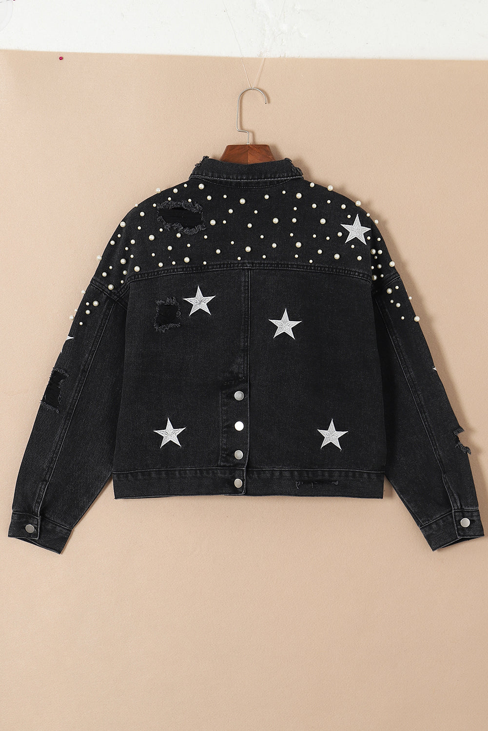 Damascus Sky Distressed Pearls Star Cropped Denim Jacket