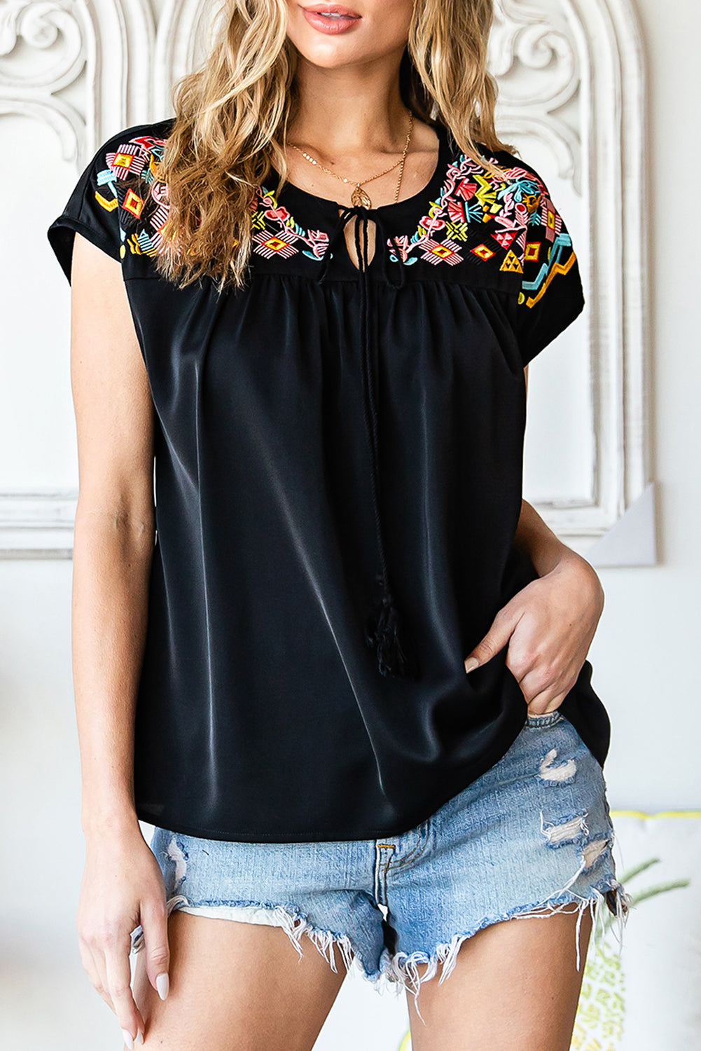 Midnight Oasis Geometric Embroidered Blouse