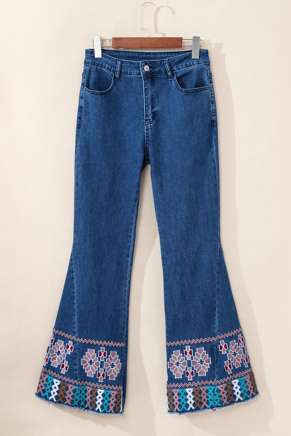 Horan Hues - Blue Geometric Embroidered Raw Hem Flared Jeans