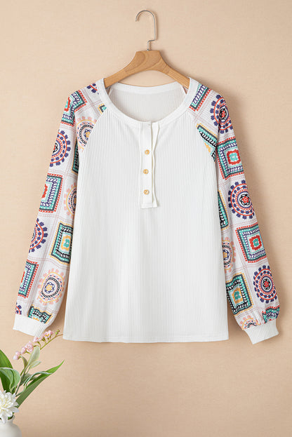 Multicolor Aztec Print Raglan Sleeve Henley Sweatshirt