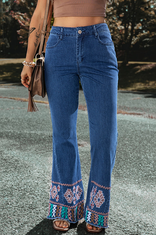 Horan Hues - Blue Geometric Embroidered Raw Hem Flared Jeans