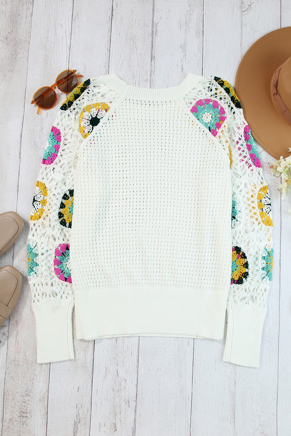 White Pointelle Floral Crochet Sleeve Sweater