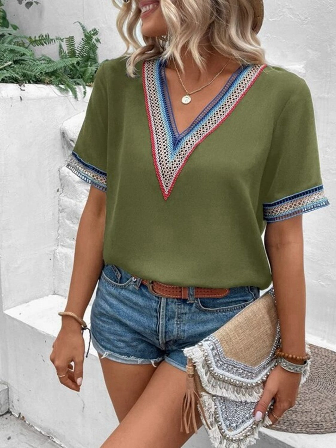 Casablanca Oasis V-Neck Short Sleeve Blouse