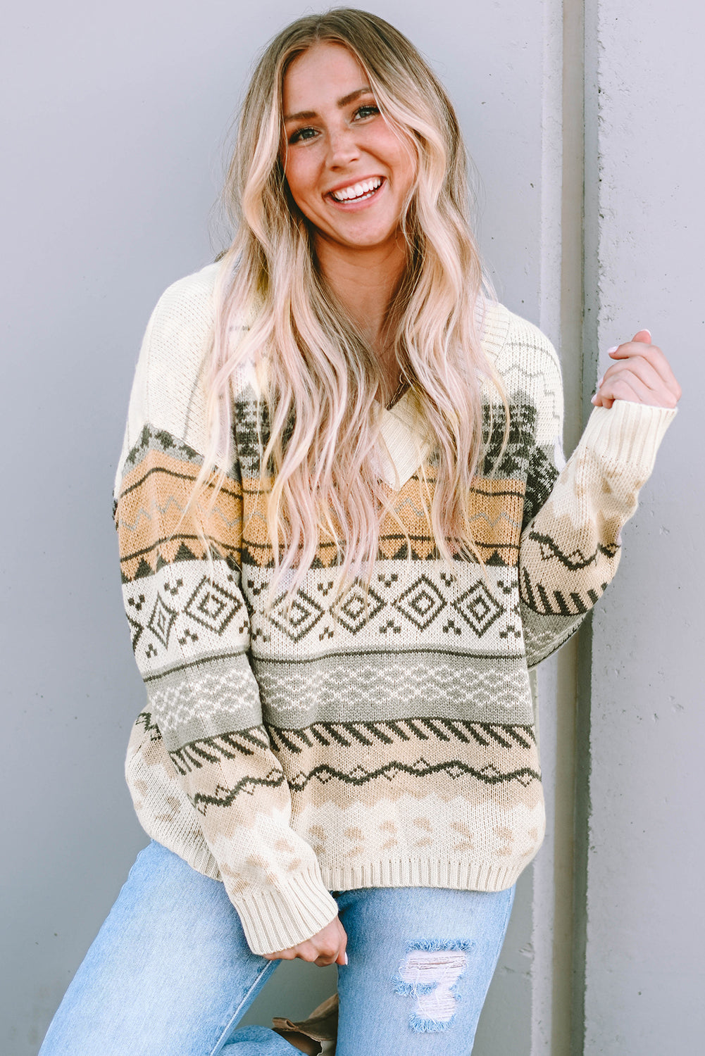 Khaki Marrakech Ribbed Knitted V Neck Sweater