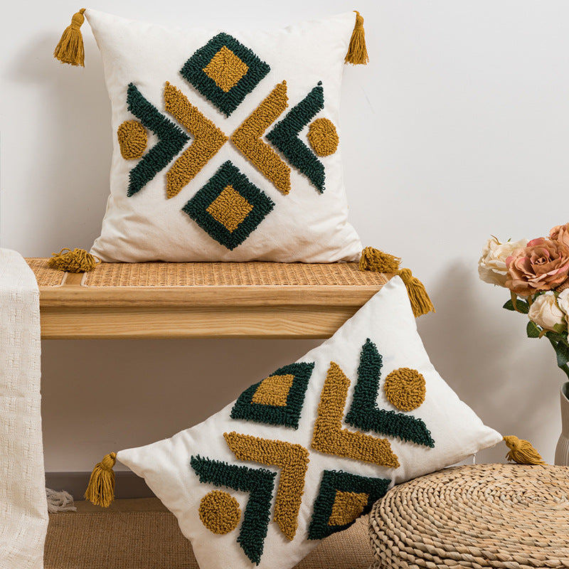 Fez-inspired Geometric Velvet Tassel Sofa Cushion Cover