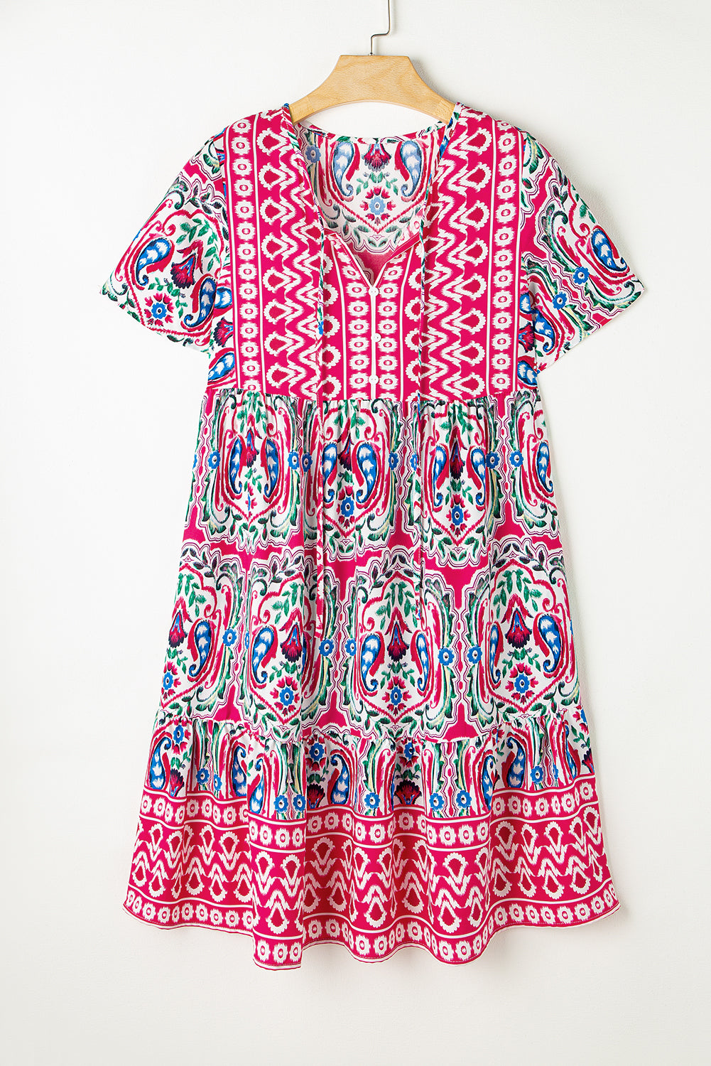 Saffron Breeze: Paisley Accent Tie Neck Ruffle Hem Short Dress