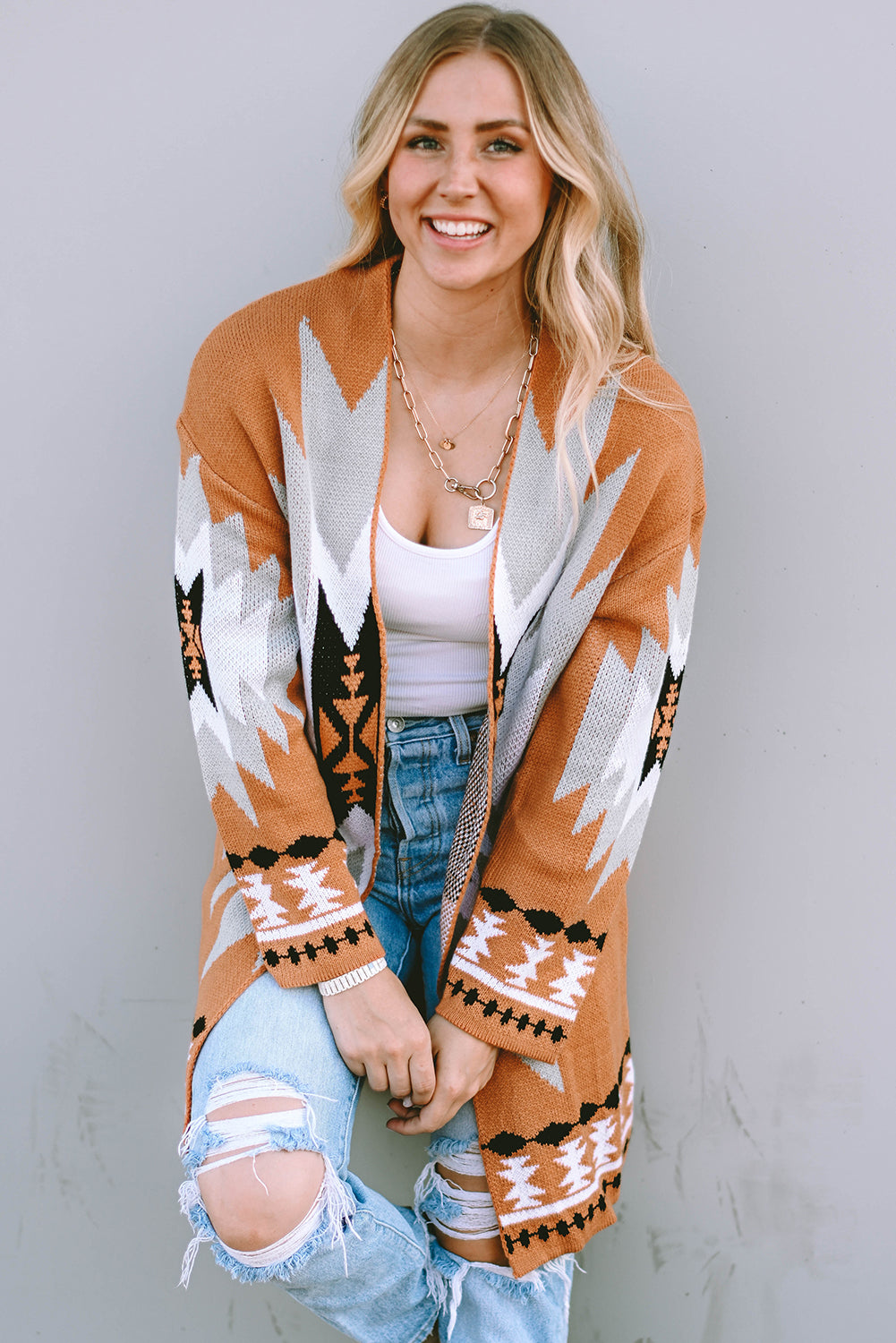 Golden Citadel Geometric Open-Front Cardigan