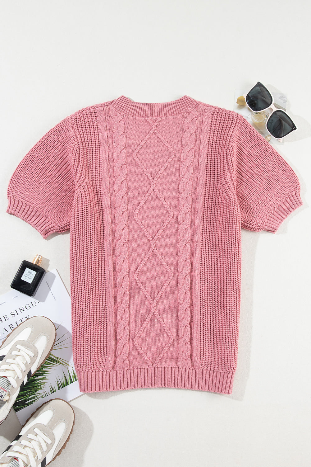 Pink Cable Knit Short Sleeve Sweater - Haifa Breeze