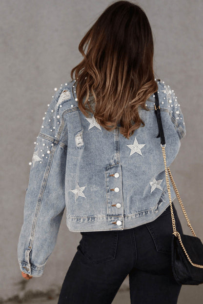 Damascus Sky Distressed Pearls Star Cropped Denim Jacket