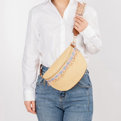 Aqaba Adorn - Bead Trim Straw Weave Crossbody Bag