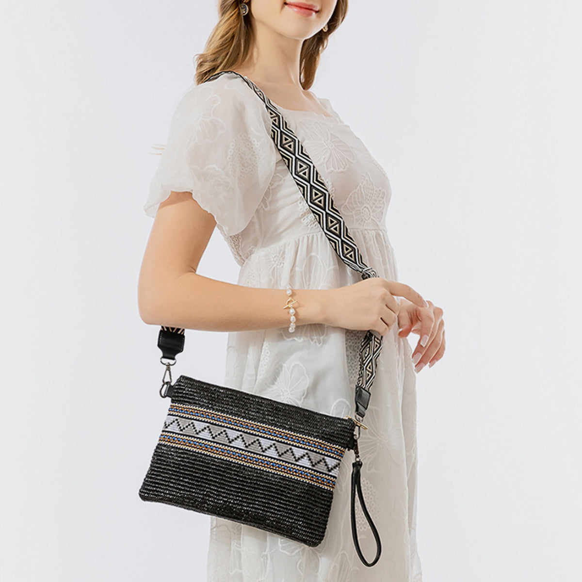 Madaba Mosaic | Geometric Straw Weave Crossbody Bag