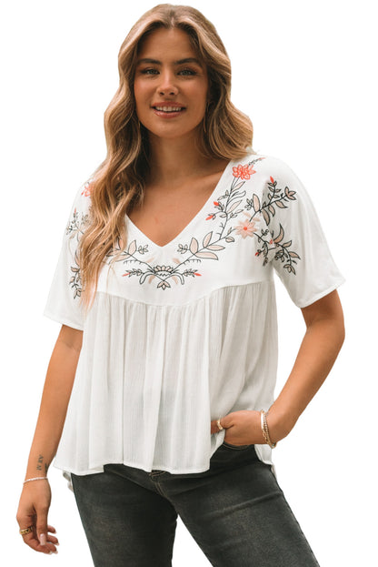 Ivory Medina Embroidered V Neck Babydoll Blouse