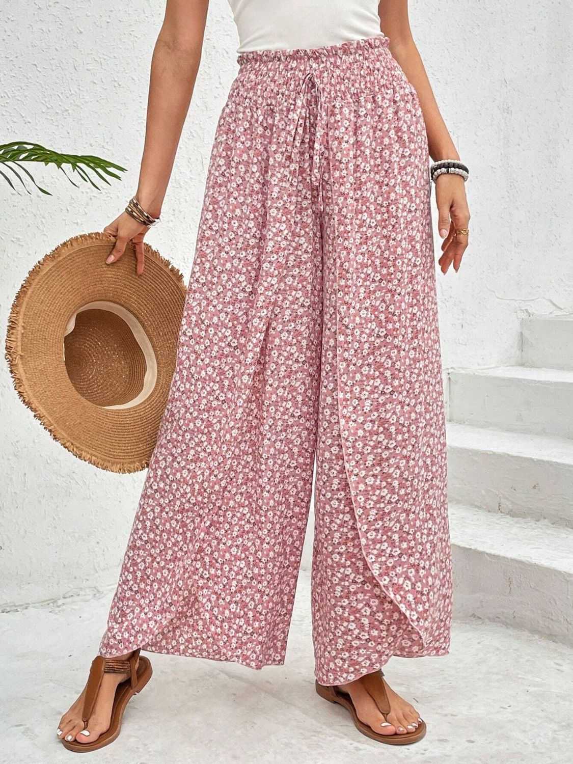 Tied Printed Wide Leg Pants - Horan Gardens