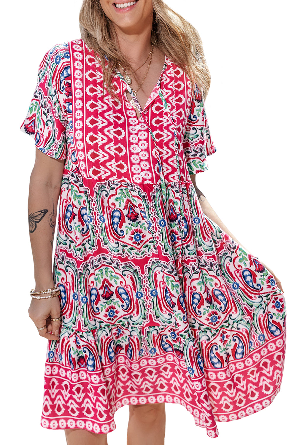 Saffron Breeze: Paisley Accent Tie Neck Ruffle Hem Short Dress