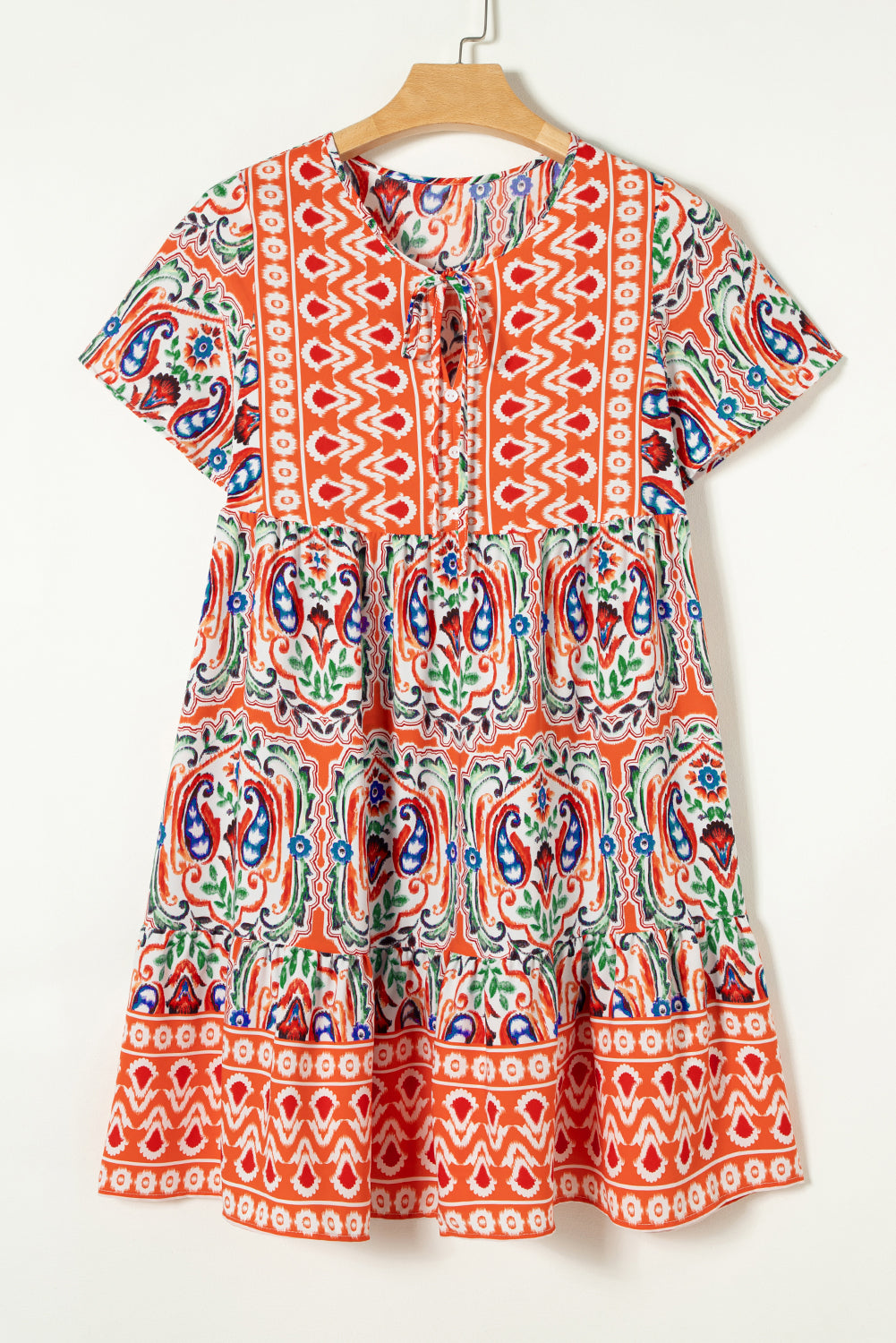 Saffron Breeze: Paisley Accent Tie Neck Ruffle Hem Short Dress