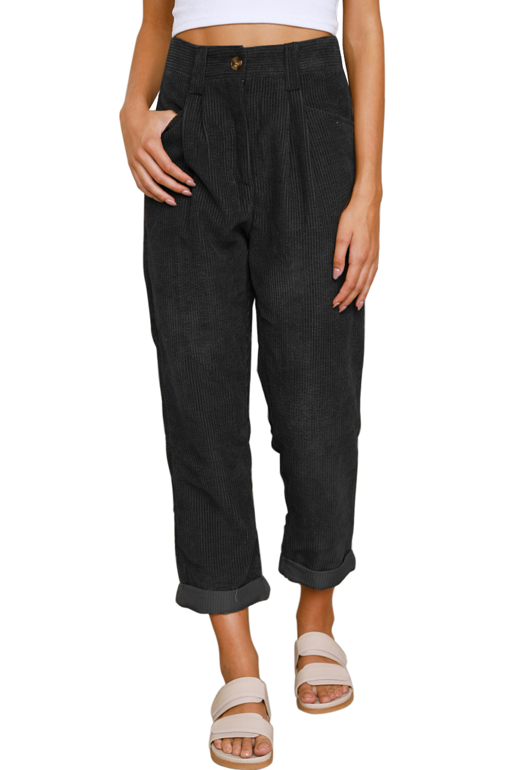 Abdali Aura - Gray Corduroy High Waist Straight Leg Pants