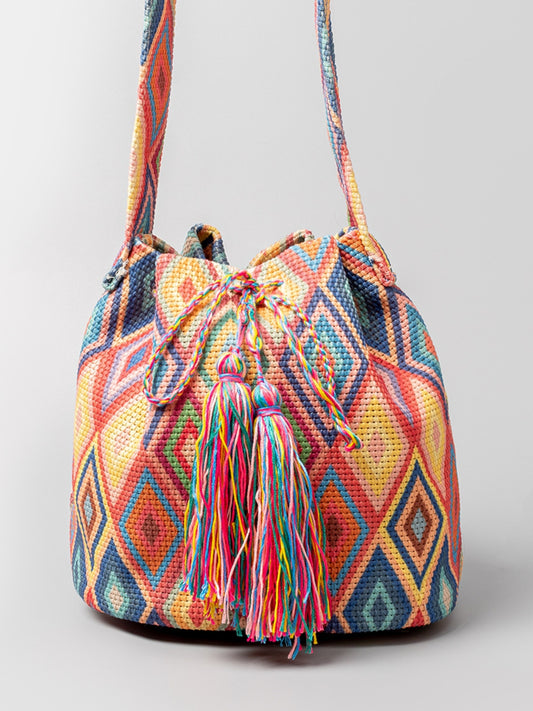 Tal Husban Blooms | Drawstring Tassel Geometric Shoulder Bag